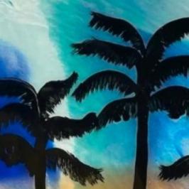 Framed painting of palm trees on vibrant blue and teal background.