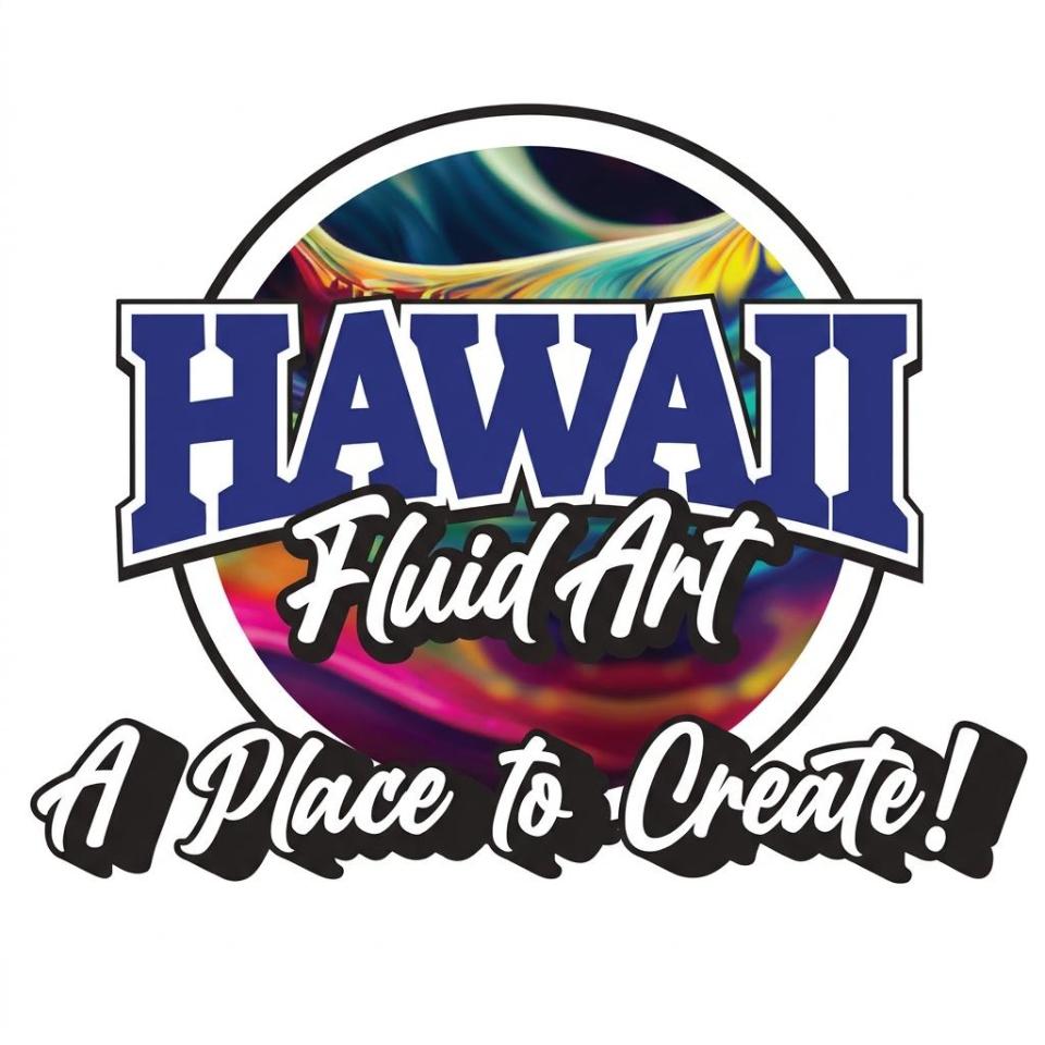 Logo: Hawaii Fluid Art, A Place to Create, with colorful background.